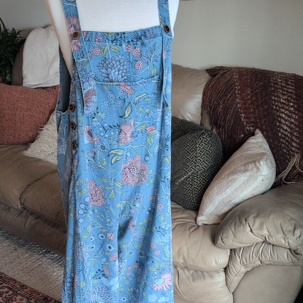 easel Blue Floral Denim Overalls Jumpsuit - Picture 5 of 12